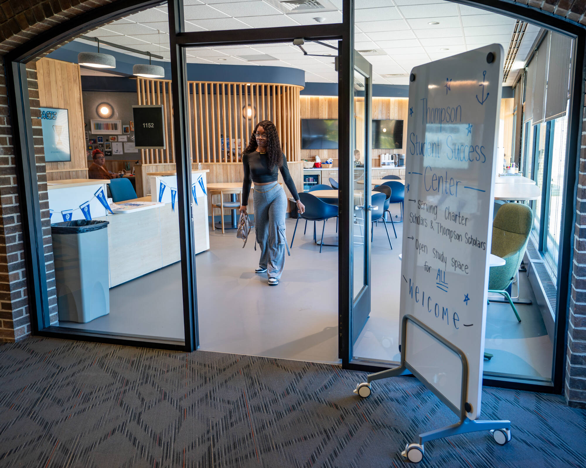 Advertising and public relations major Chacarria Jennings works inside the new Thompson Student Success Center at the Kirkhof Center on Oct. 14.